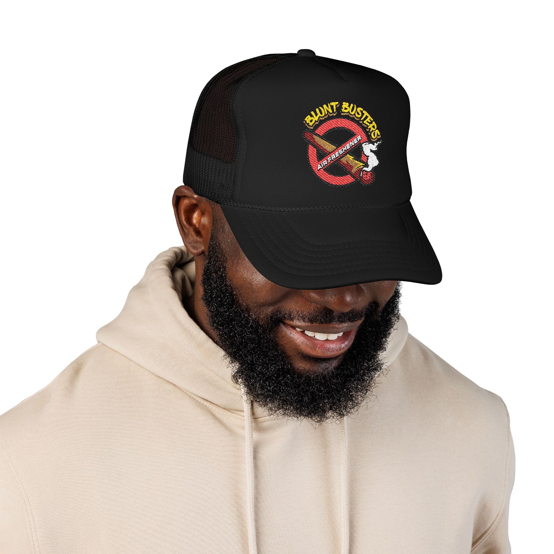 "Foam trucker hat with Blunt Busters embroidery, fun adjustable cap for festivals and casual wear."