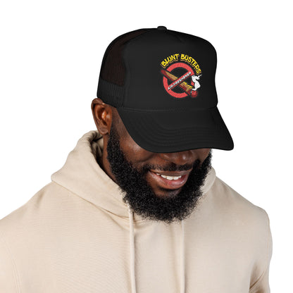 "Foam trucker hat with Blunt Busters embroidery, fun adjustable cap for festivals and casual wear."