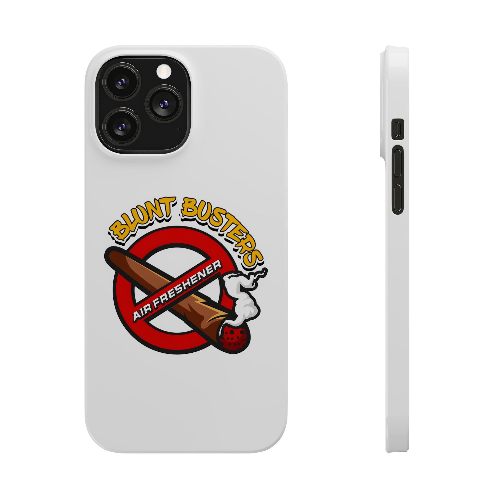 "Blunt Busters slim phone case, quirky air freshener design and fun gift for smokers."