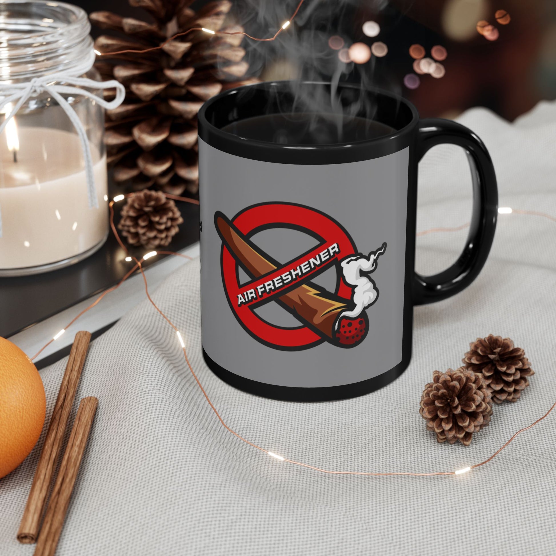 "Funny black mug with air freshener theme, quirky coffee cup for home, office, or gifting.
