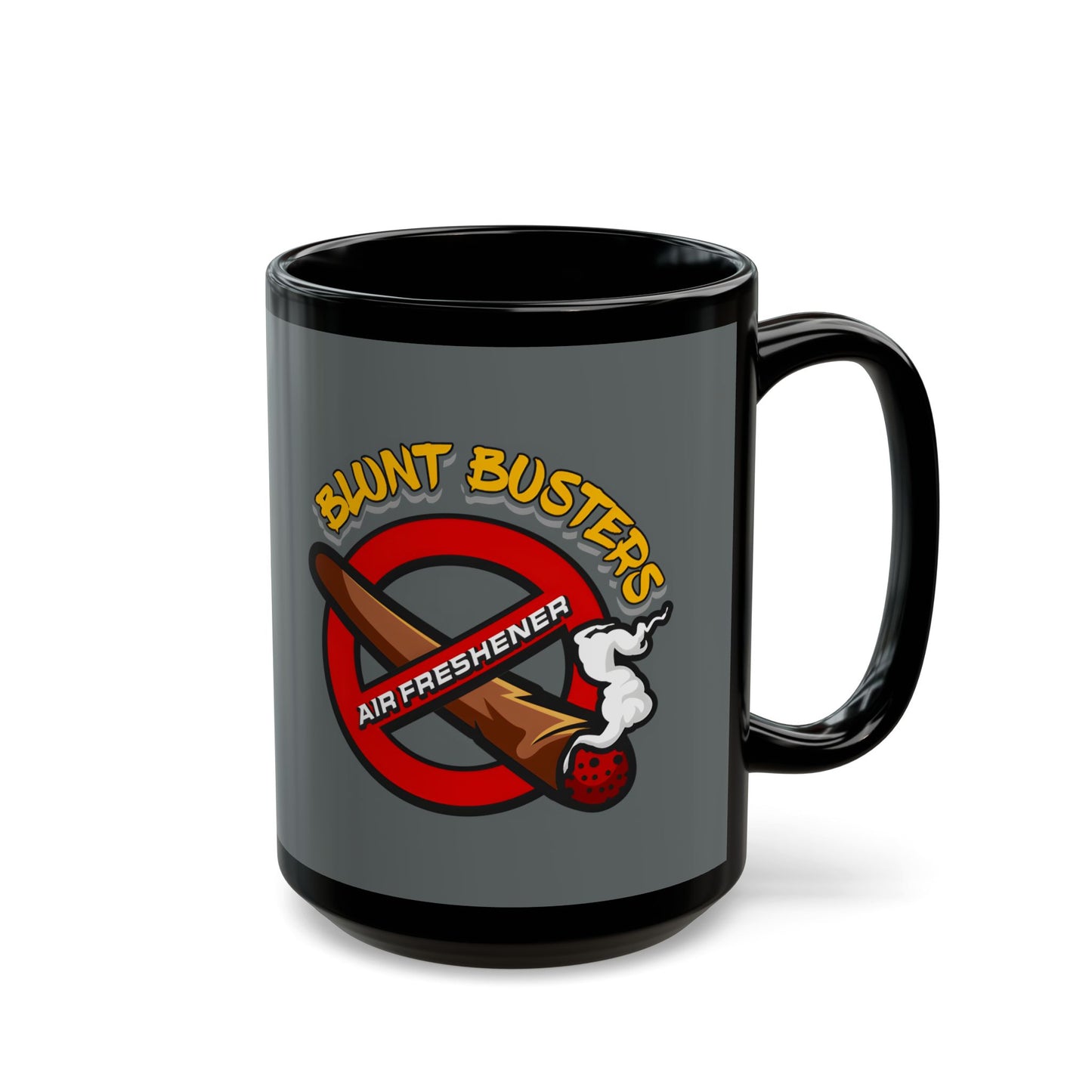 "Funny black mug with Blunt Busters air freshener design, quirky 420-friendly coffee cup."