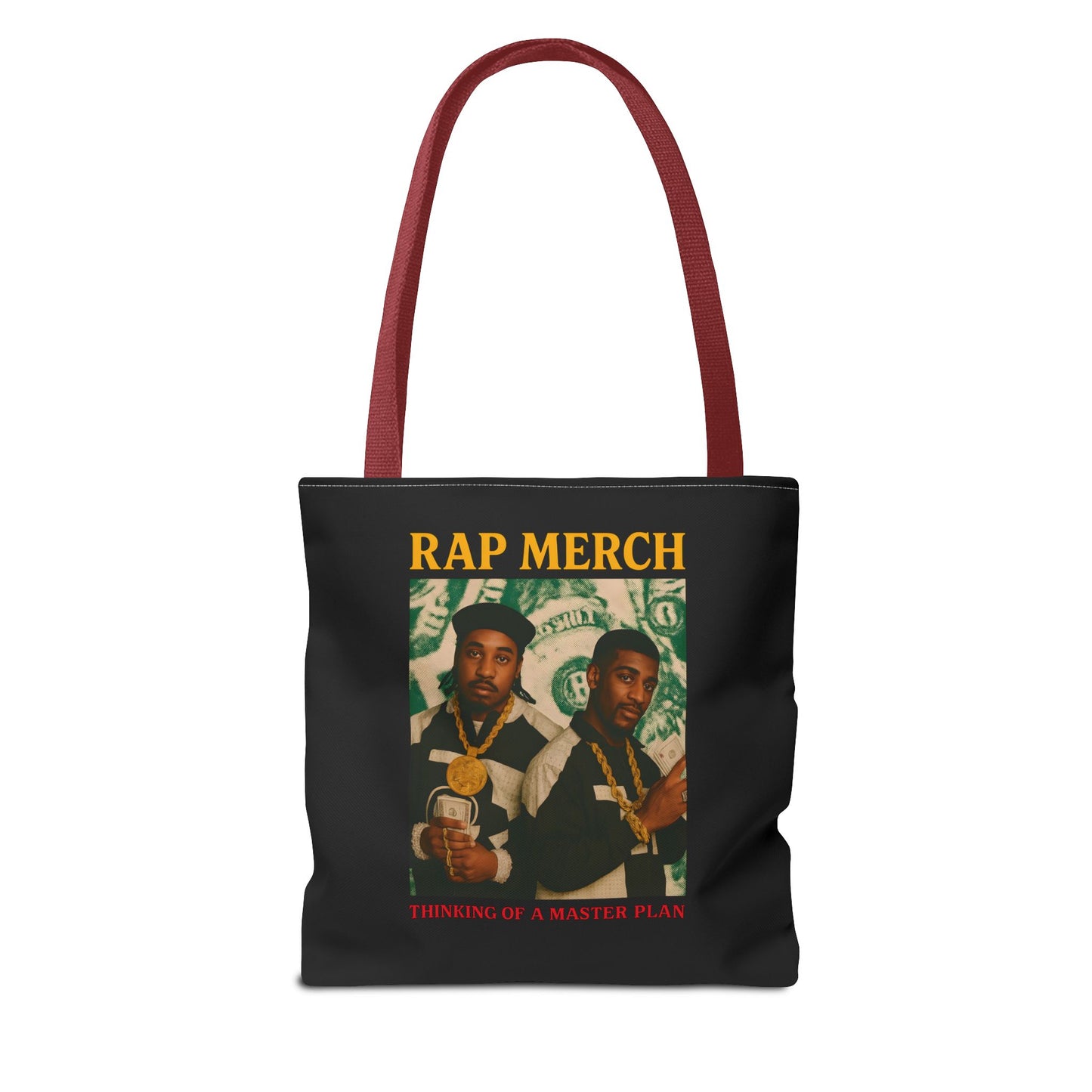 Tote bag with 'Rap Merch' design featuring two individuals and money-themed graphics on a white background.