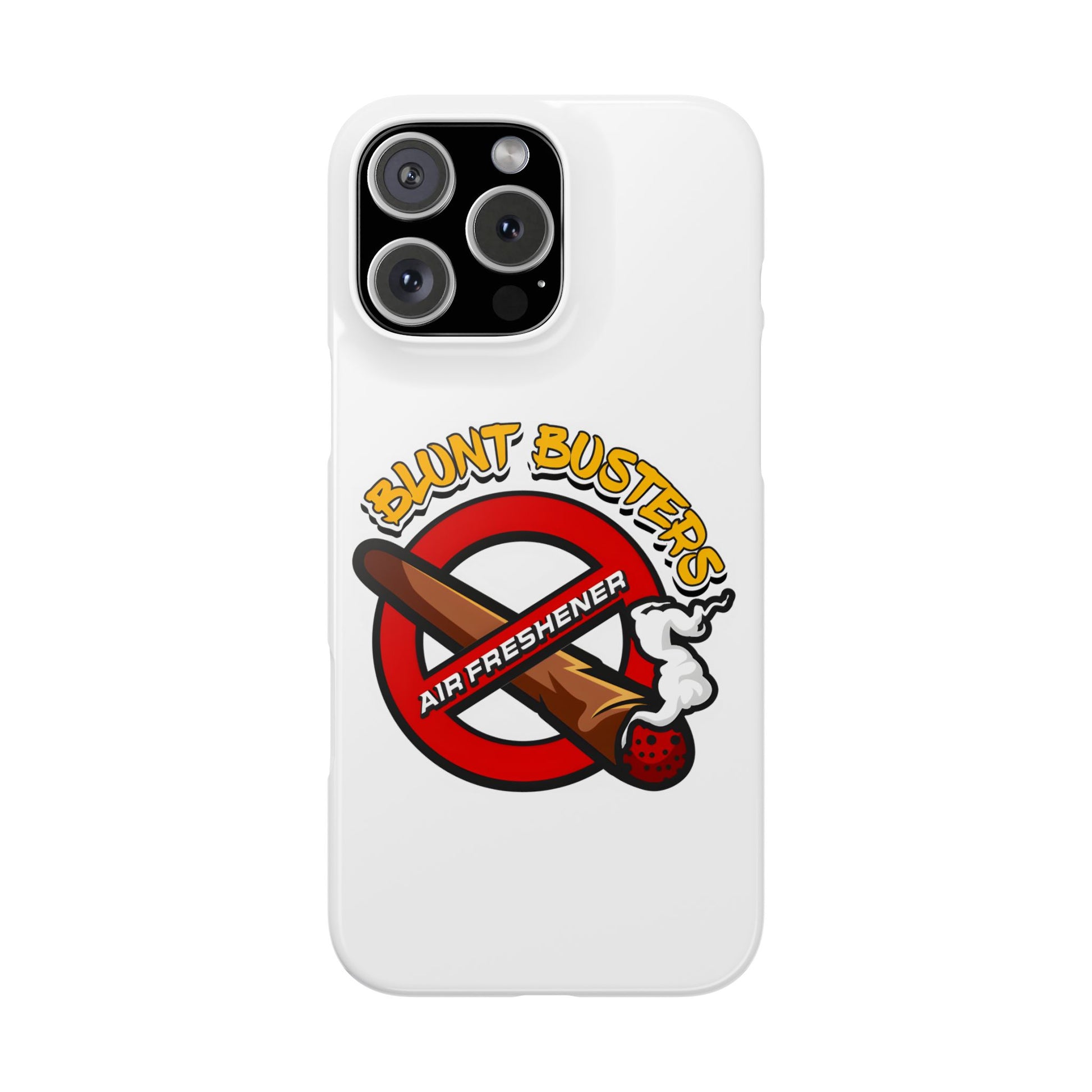"Blunt Busters slim phone case, quirky air freshener design and fun gift for smokers."
