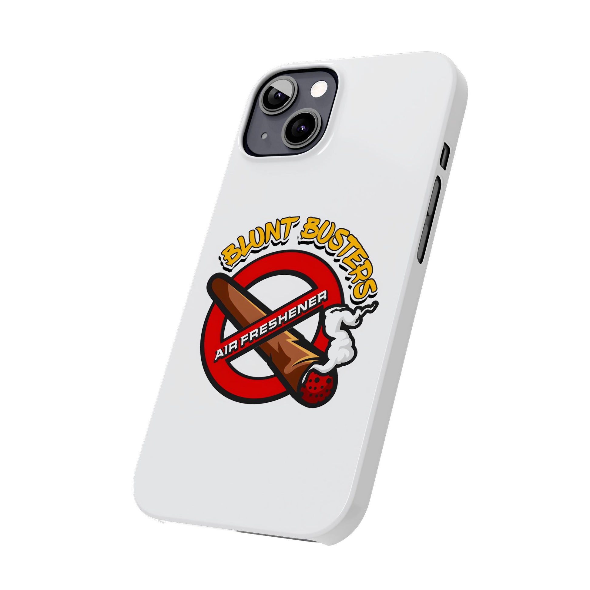 "Blunt Busters slim phone case, quirky air freshener design and fun gift for smokers."