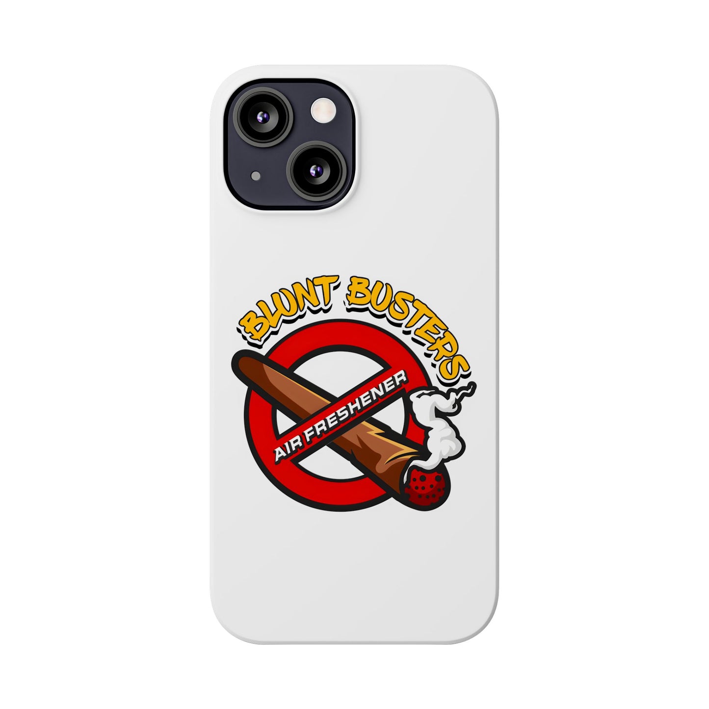 "Blunt Busters slim phone case, quirky air freshener design and fun gift for smokers."