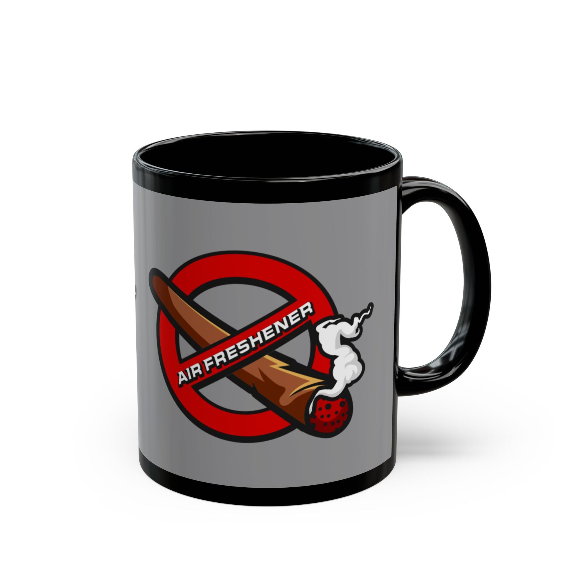 "Funny black mug with air freshener theme, quirky coffee cup for home, office, or gifting.