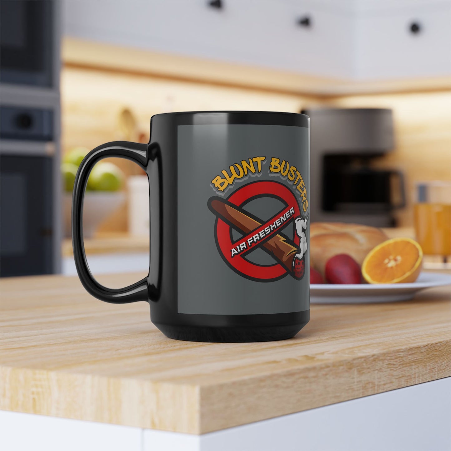 "Funny black mug with Blunt Busters air freshener design, quirky 420-friendly coffee cup."