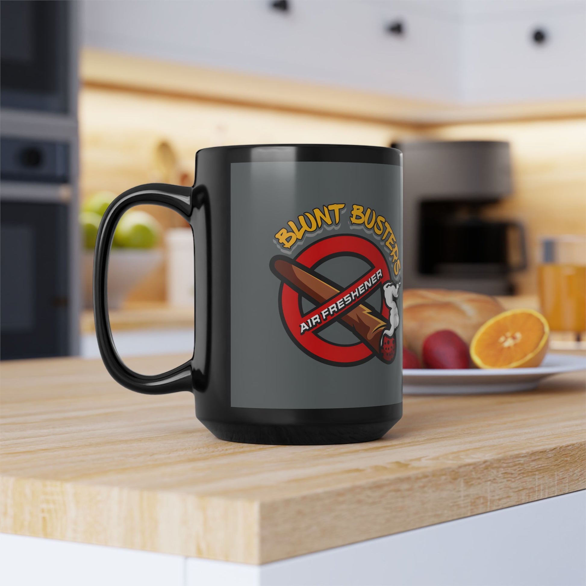 "Funny black mug with Blunt Busters air freshener design, quirky 420-friendly coffee cup."