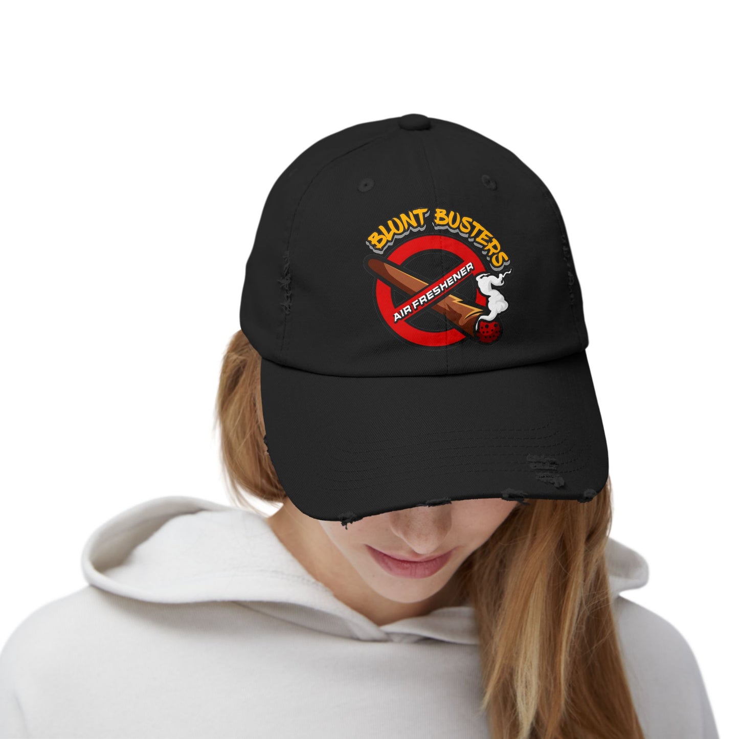 Distressed cap with Blunt Busters embroidery for casual wear