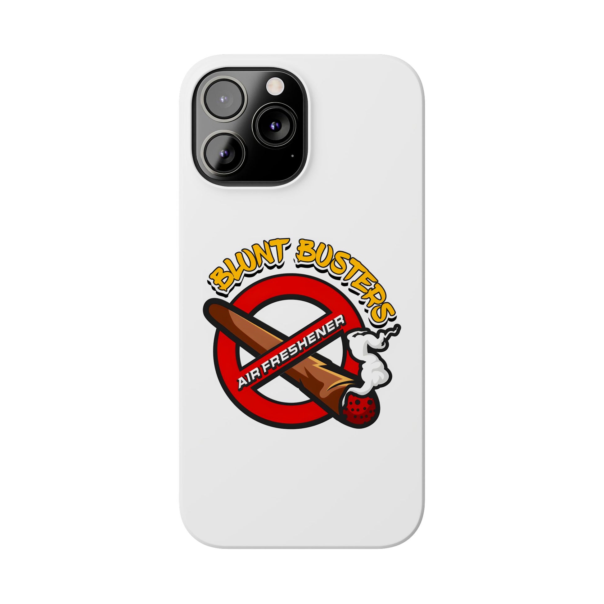 "Blunt Busters slim phone case, quirky air freshener design and fun gift for smokers."