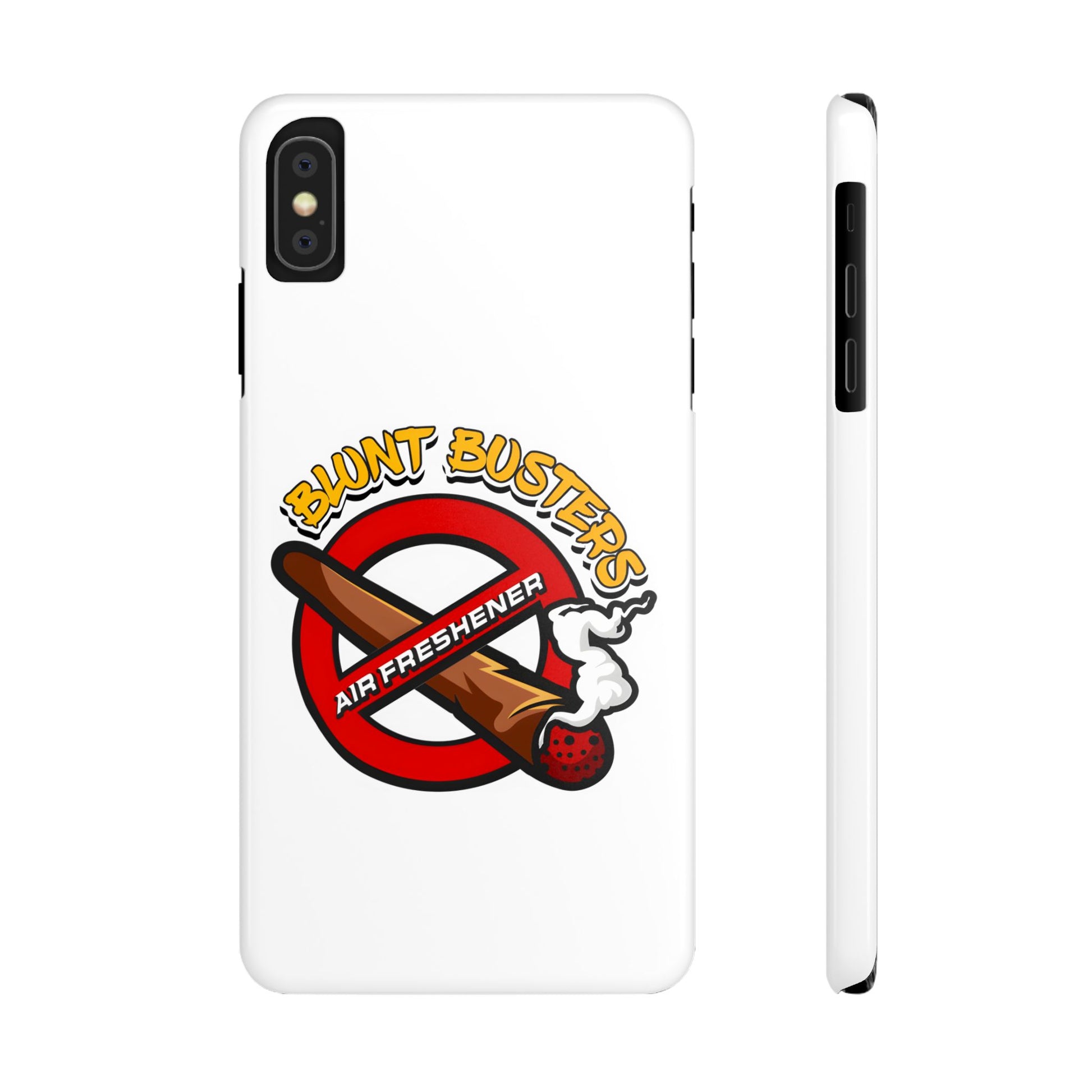 "Blunt Busters slim phone case, quirky air freshener design and fun gift for smokers."