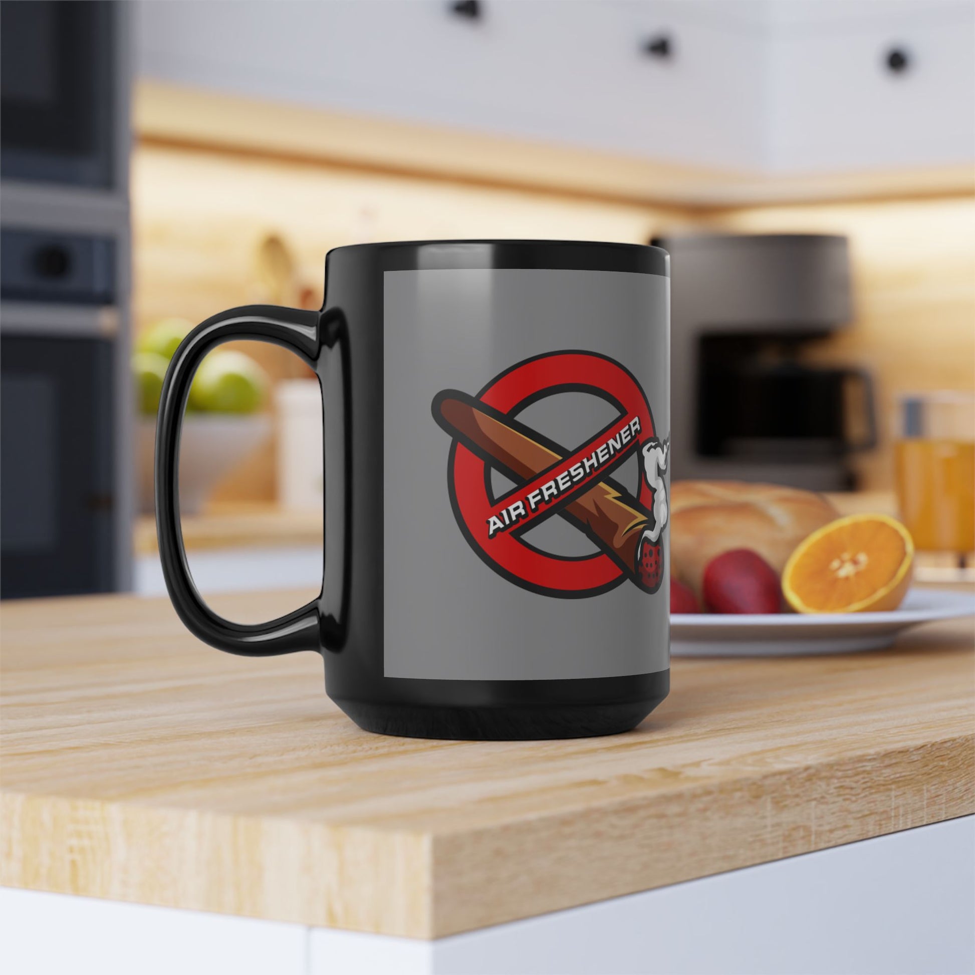 "Funny black mug with air freshener theme, quirky coffee cup for home, office, or gifting.