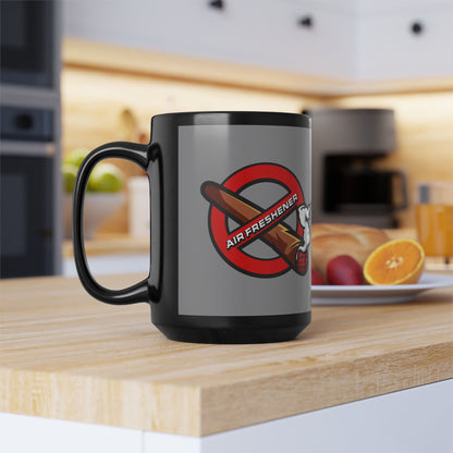 "Funny black mug with air freshener theme, quirky coffee cup for home, office, or gifting.