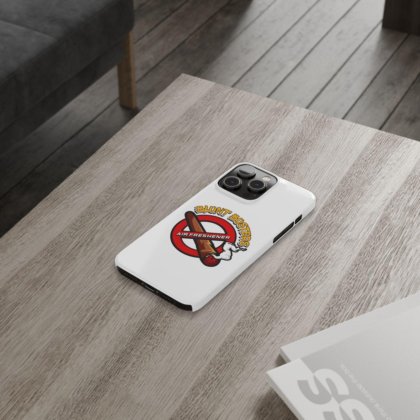 "Blunt Busters slim phone case, quirky air freshener design and fun gift for smokers."