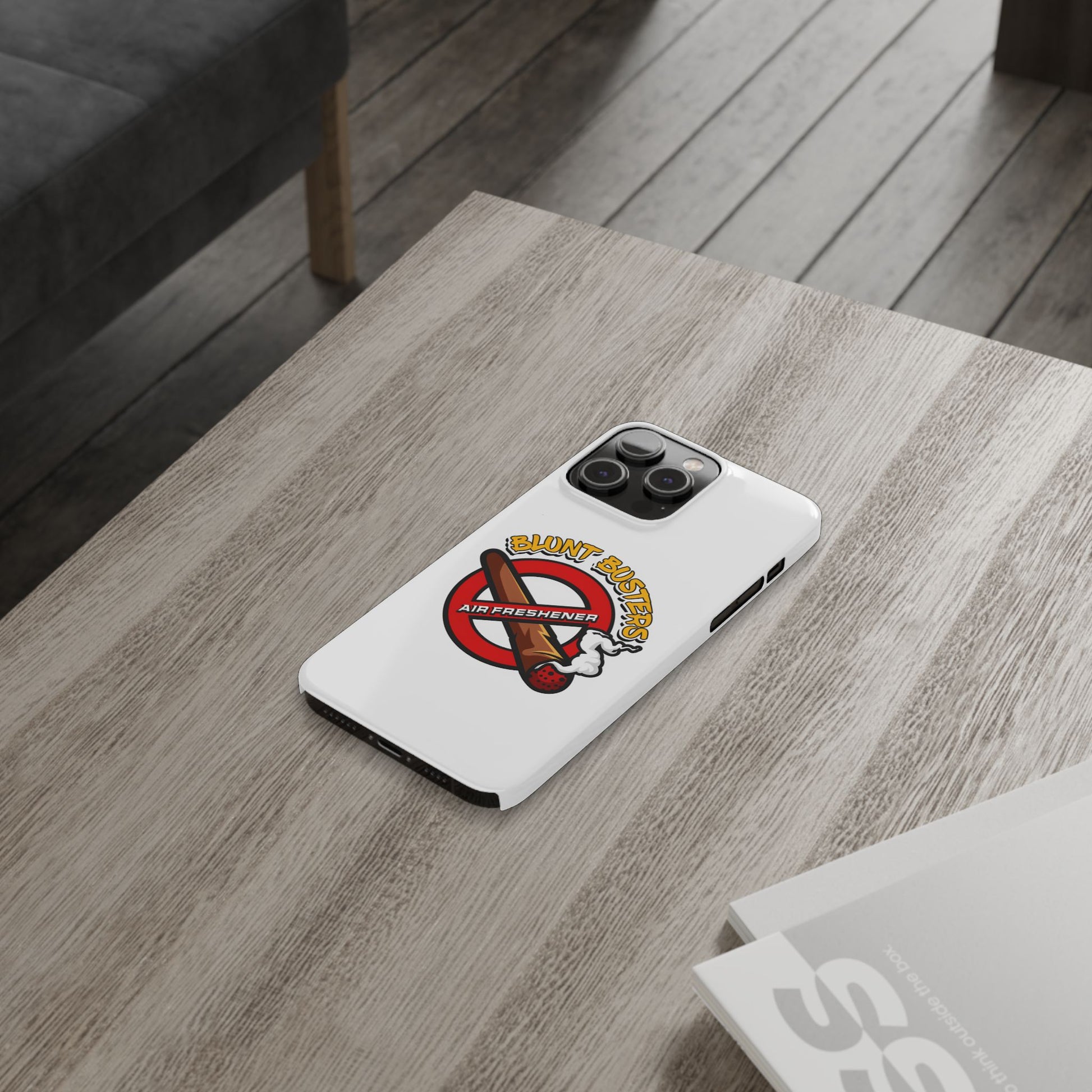"Blunt Busters slim phone case, quirky air freshener design and fun gift for smokers."