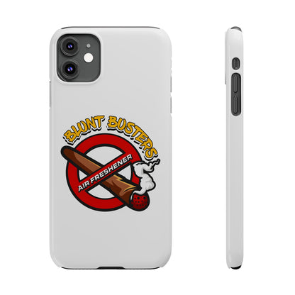 "Blunt Busters slim phone case, quirky air freshener design and fun gift for smokers."