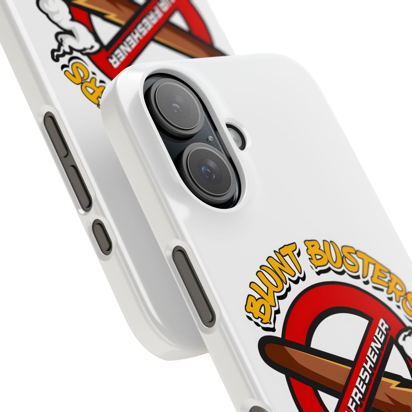 "Blunt Busters slim phone case, quirky air freshener design and fun gift for smokers."