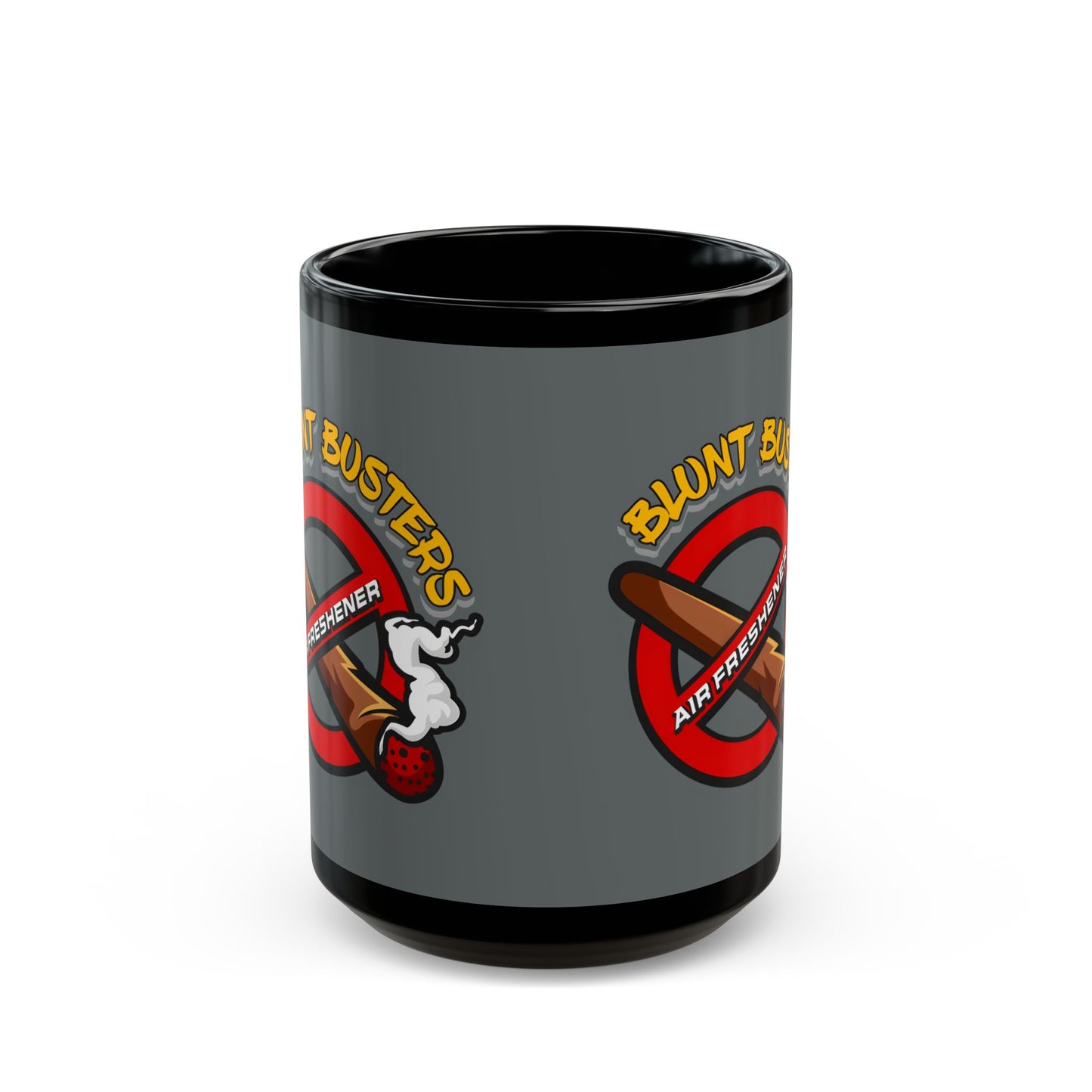 "Funny black mug with Blunt Busters air freshener design, quirky 420-friendly coffee cup."