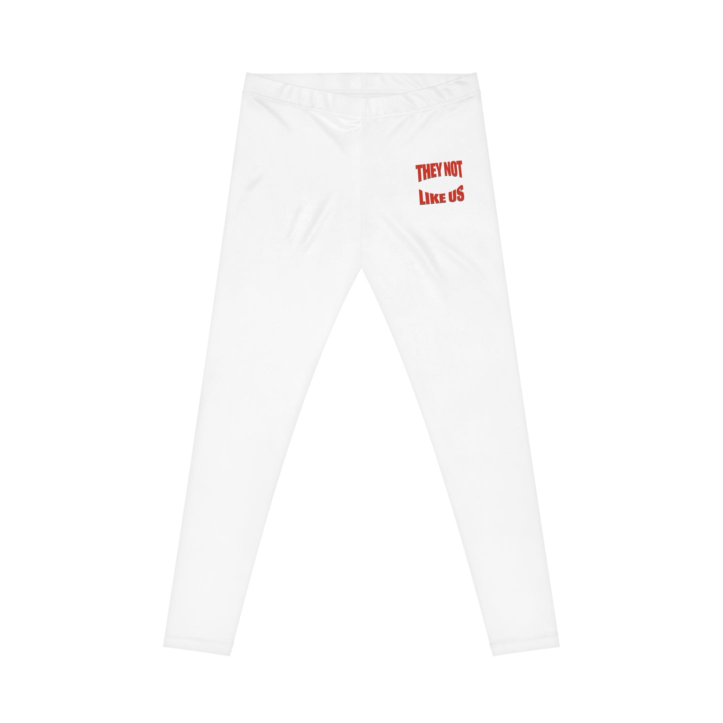 "White high-waisted leggings with bold 'They Not Like Us' design, trendy urban streetwear fit.