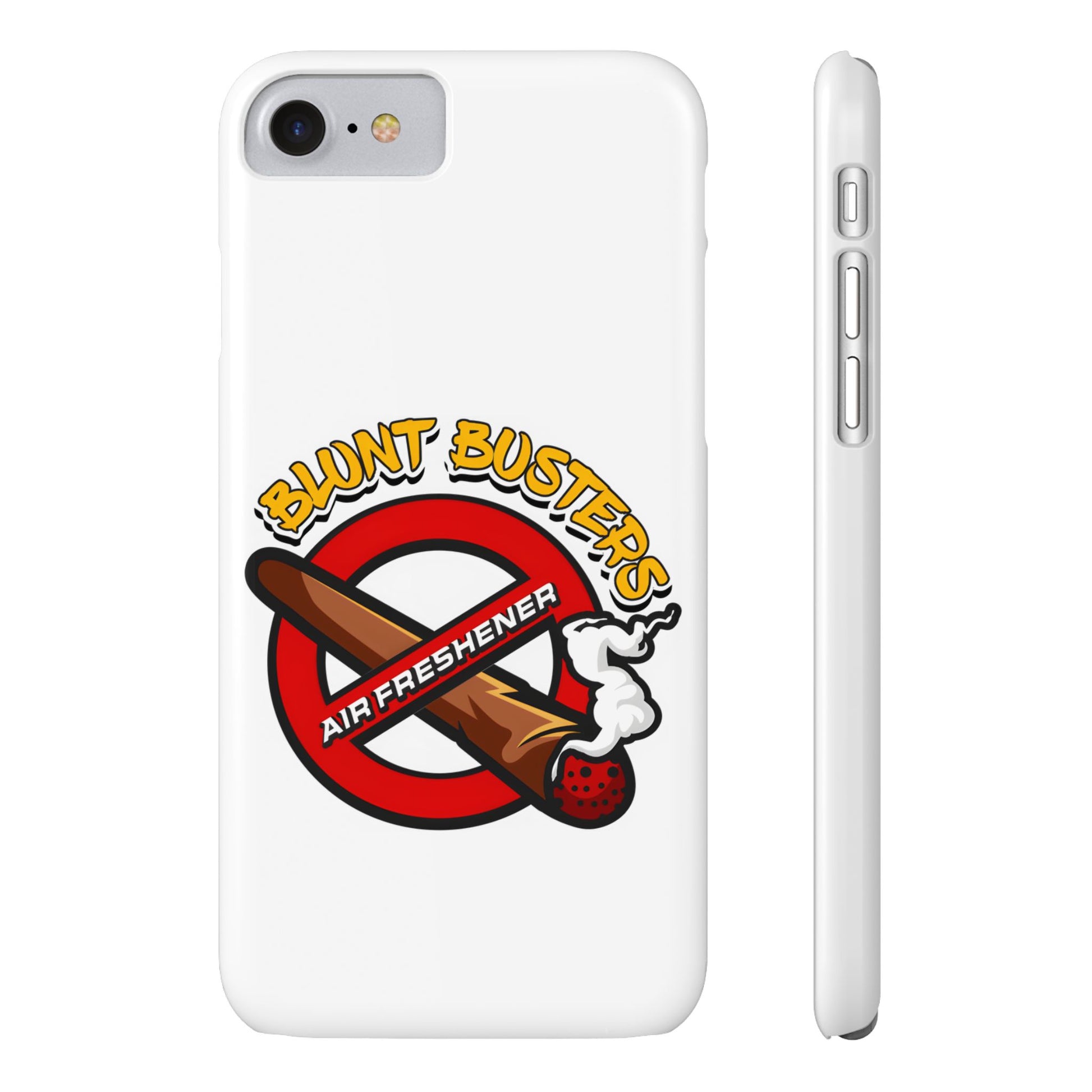 "Blunt Busters slim phone case, quirky air freshener design and fun gift for smokers."