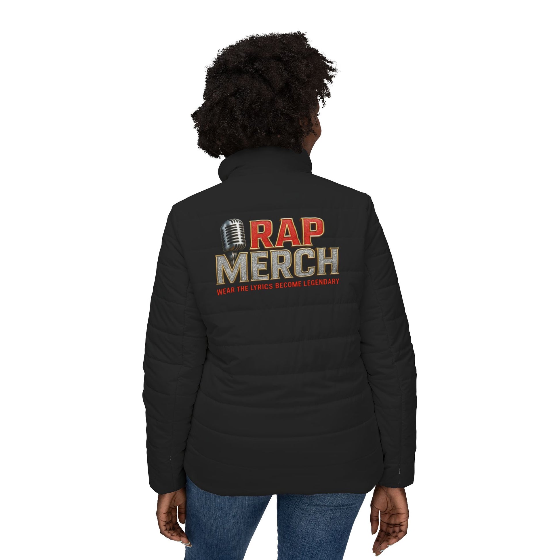 Person wearing a black jacket with 'RAP MERCH' text on the back, standing against a white background
