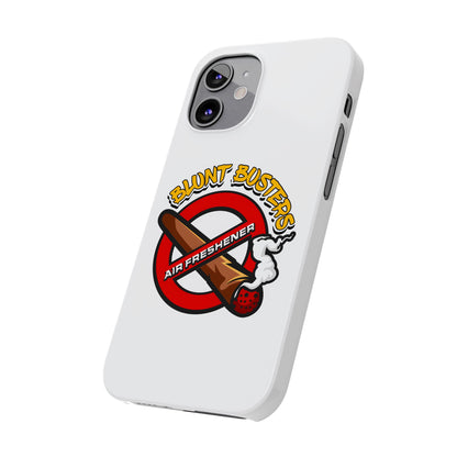 "Blunt Busters slim phone case, quirky air freshener design and fun gift for smokers."