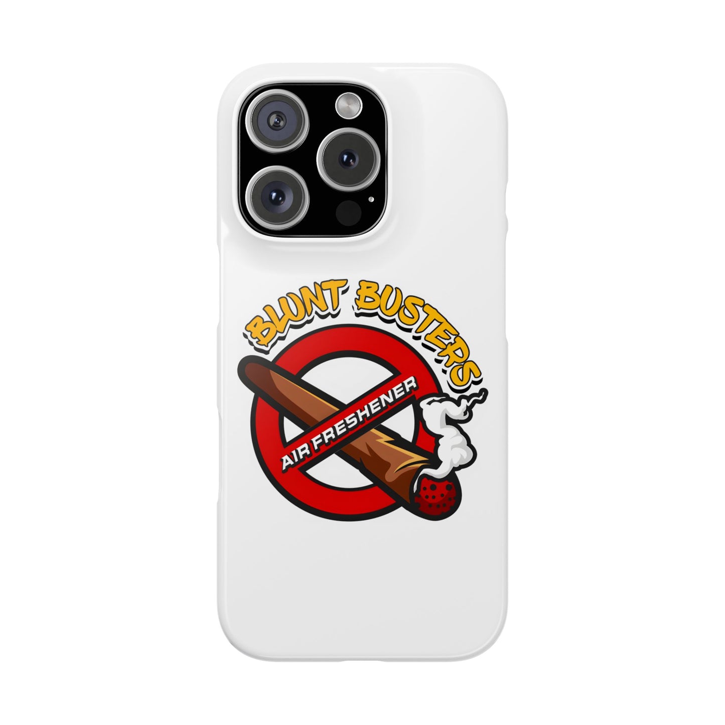 "Blunt Busters slim phone case, quirky air freshener design and fun gift for smokers."