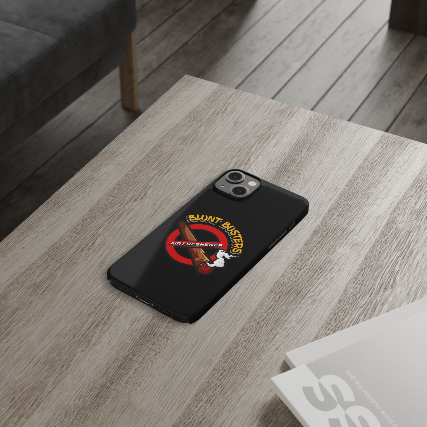 "Slim phone case with Blunt Busters design, trendy protective accessory and fun gift.