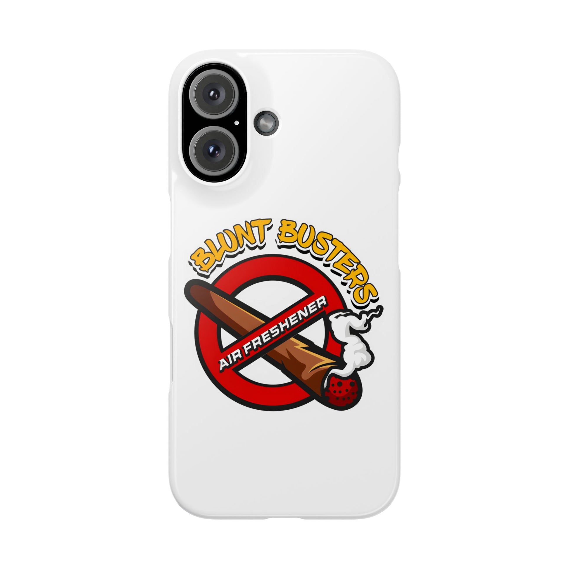 "Blunt Busters slim phone case, quirky air freshener design and fun gift for smokers."