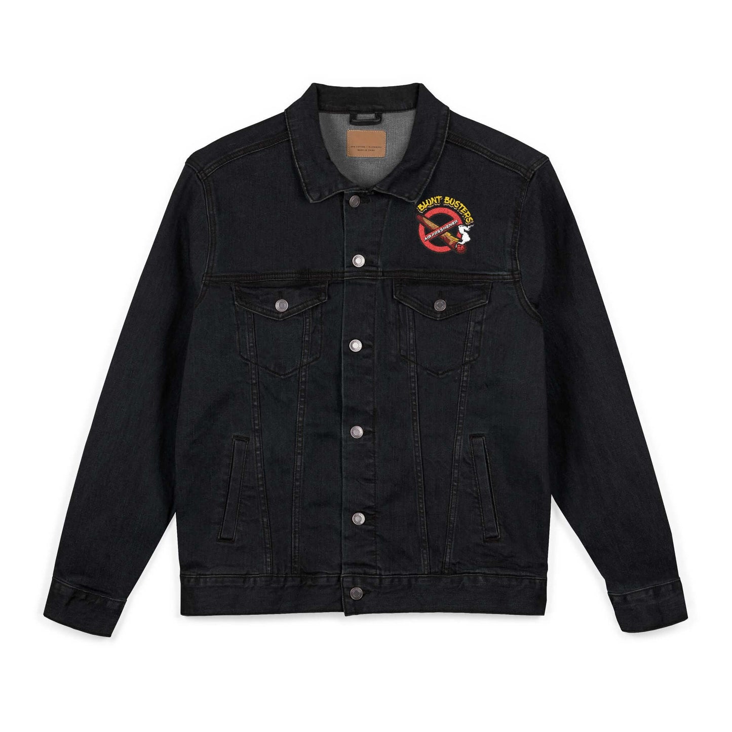 Vintage-style denim jacket with Blunt Busters embroidery