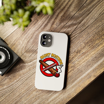 "Blunt Busters slim phone case, quirky air freshener design and fun gift for smokers."