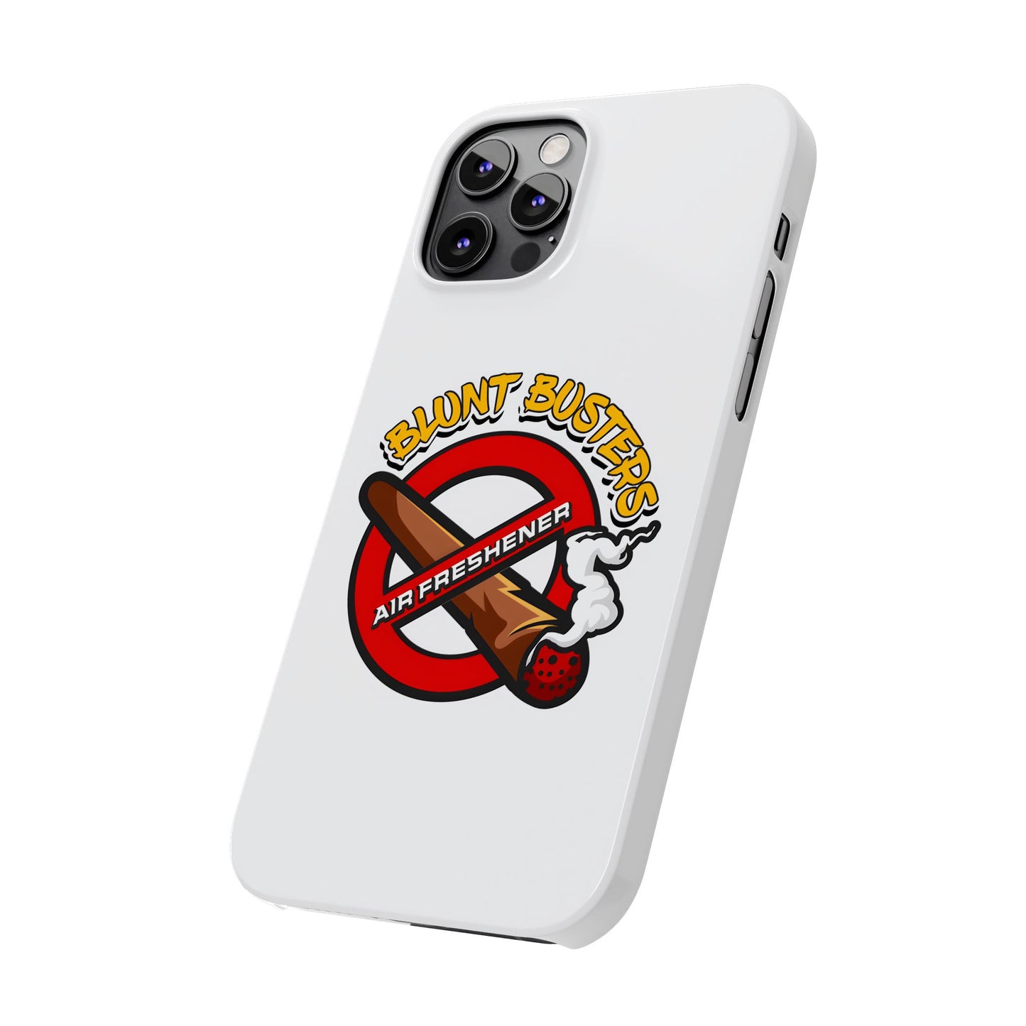 "Blunt Busters slim phone case, quirky air freshener design and fun gift for smokers."