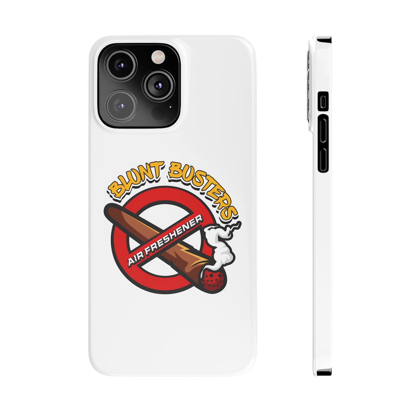 "Blunt Busters slim phone case, quirky air freshener design and fun gift for smokers."