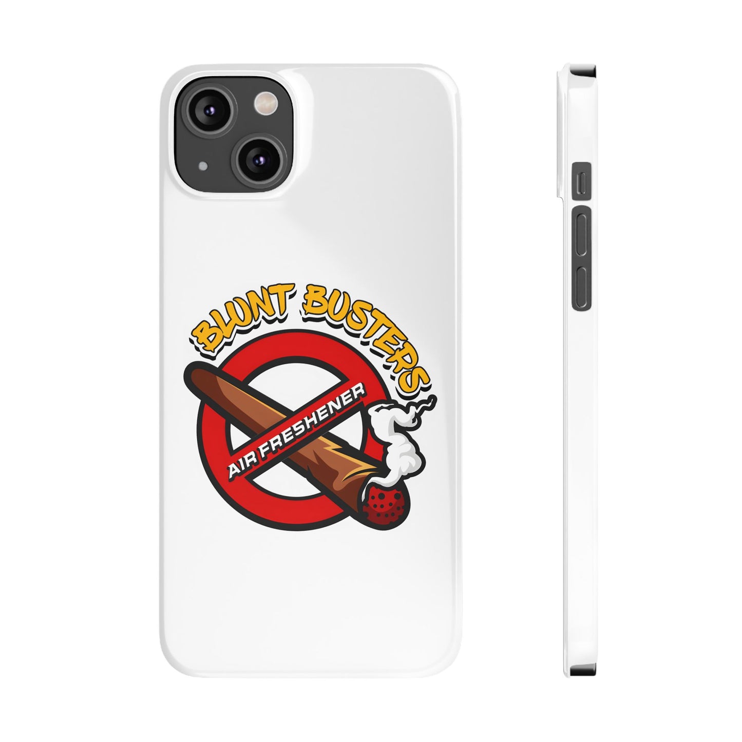 "Blunt Busters slim phone case, quirky air freshener design and fun gift for smokers."