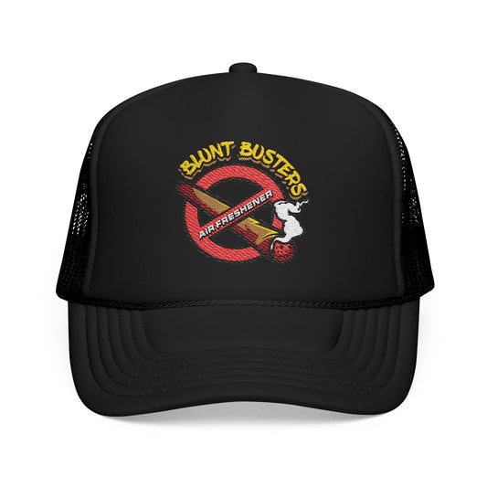 "Foam trucker hat with Blunt Busters embroidery, fun adjustable cap for festivals and casual wear."