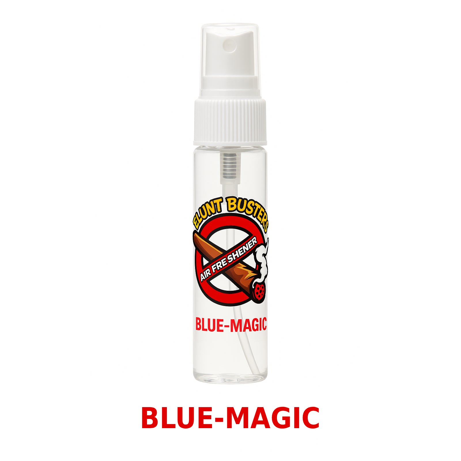 Clear spray bottle with 'Blue-Magic' branding on a white background
