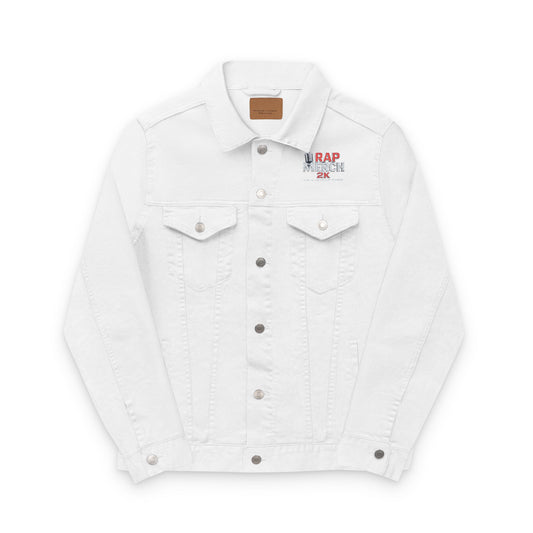 White denim jacket with brand logo on a white background