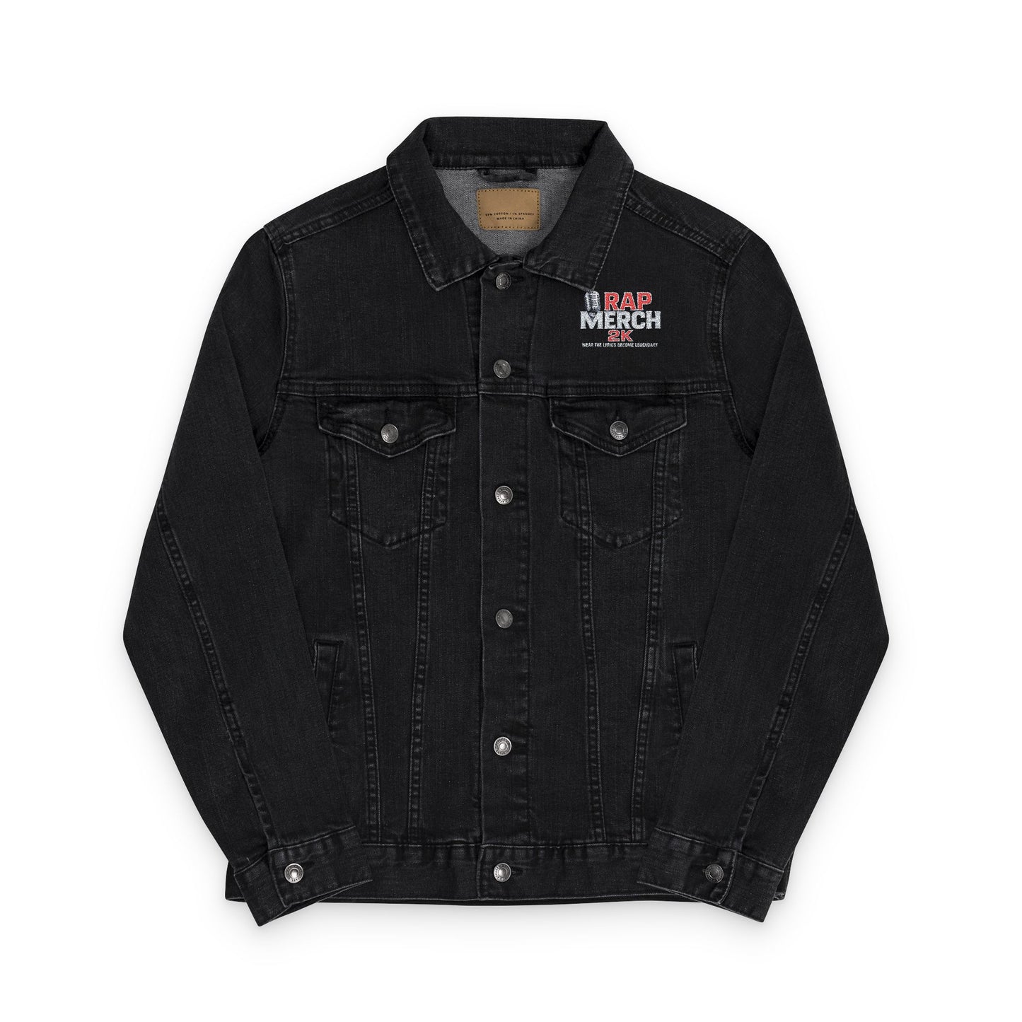 Black denim jacket with a brand logo on a white background