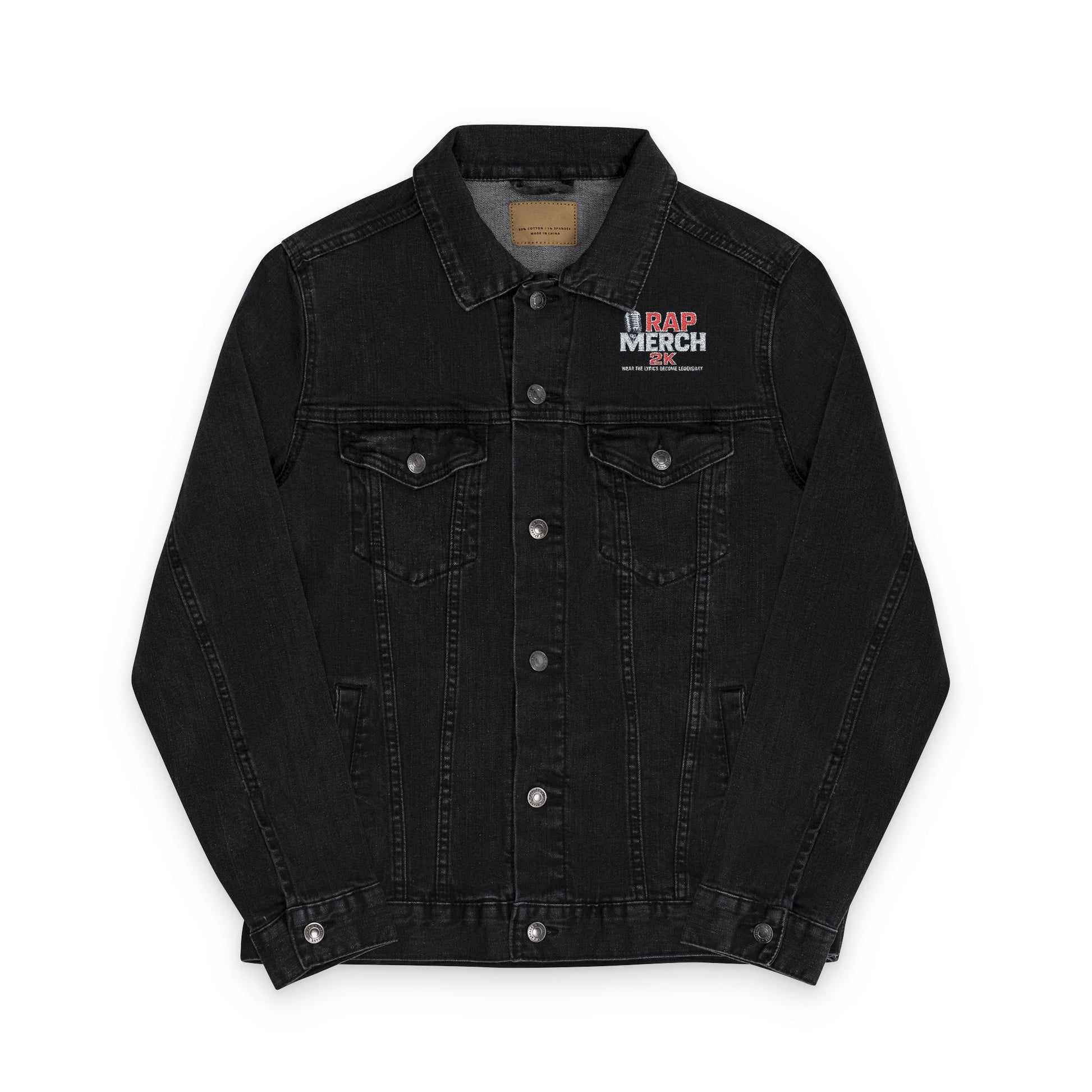 Black denim jacket with a brand logo on a white background