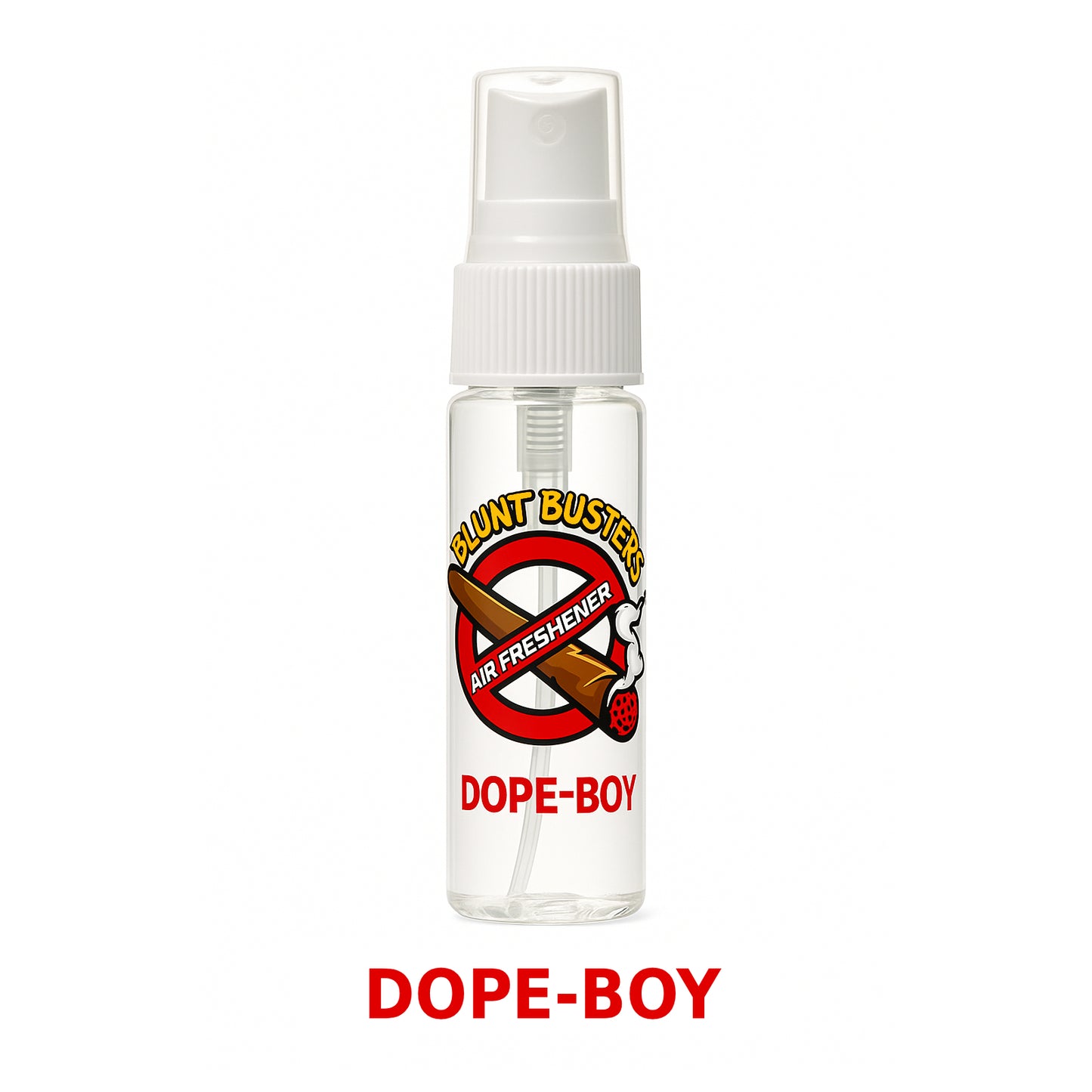 Clear air freshener bottle with 'Dope-Boy' branding on a white background