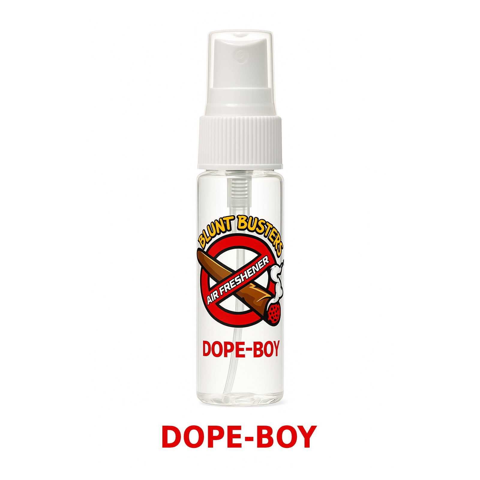 Clear air freshener bottle with 'Dope-Boy' branding on a white background