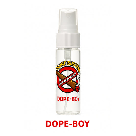 Clear air freshener bottle with 'Dope-Boy' branding on a white background