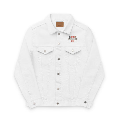 White denim jacket with a brand logo on a white background