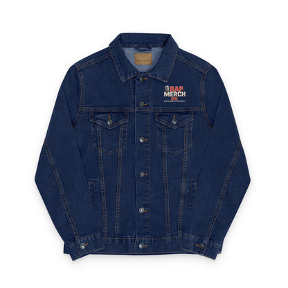 Blue denim jacket with a brand logo on a white background