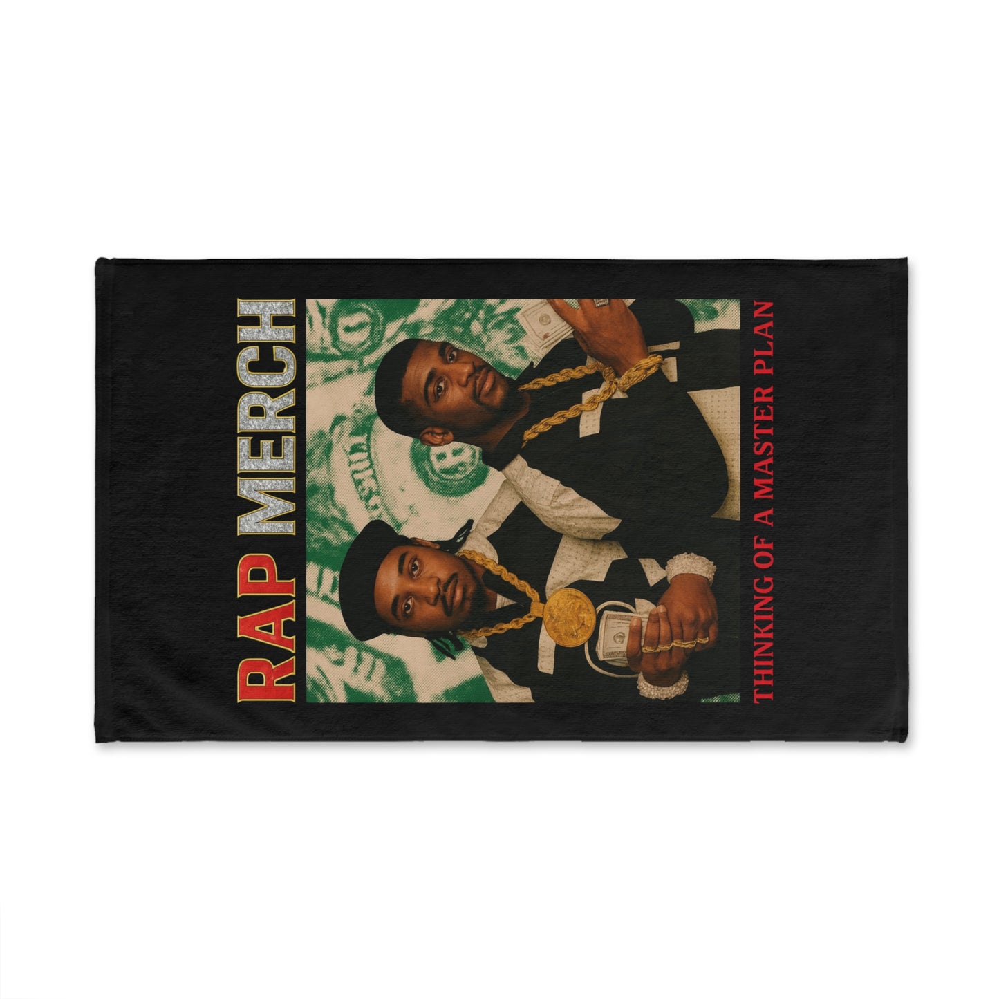 Product packaging for 'Rap Merch' with two people wearing gold chains on a black background.