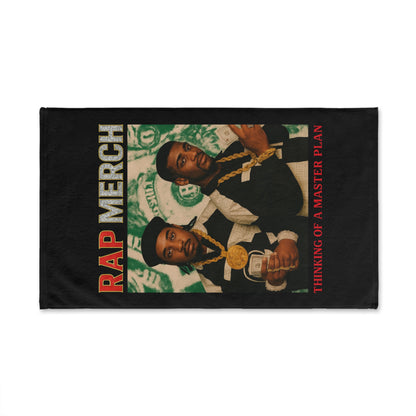 Product packaging for 'Rap Merch' with two people wearing gold chains on a black background.