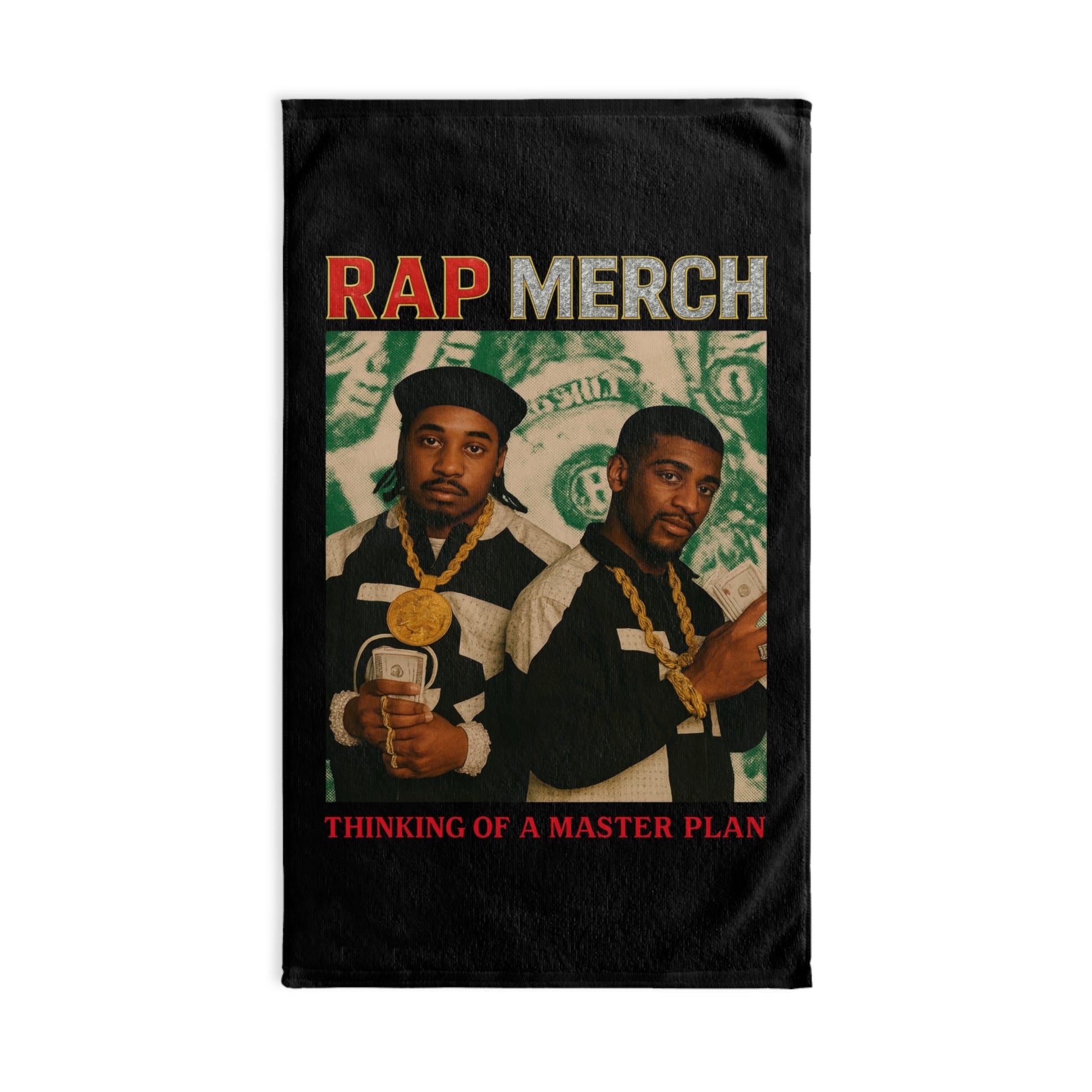 T-shirt with two individuals holding money and text 'Rap Merch' and 'Thinking of a Master Plan' on a black background.