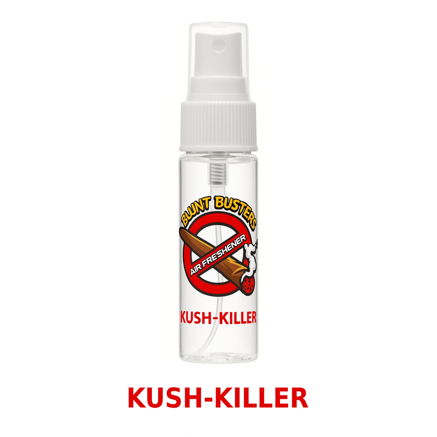Clear spray bottle labeled 'Kush-Killer' with a white cap on a white background