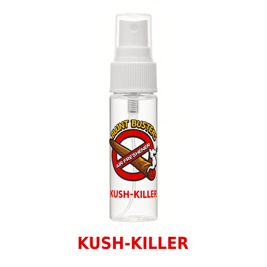 Clear spray bottle labeled 'Kush-Killer' with a white cap on a white background