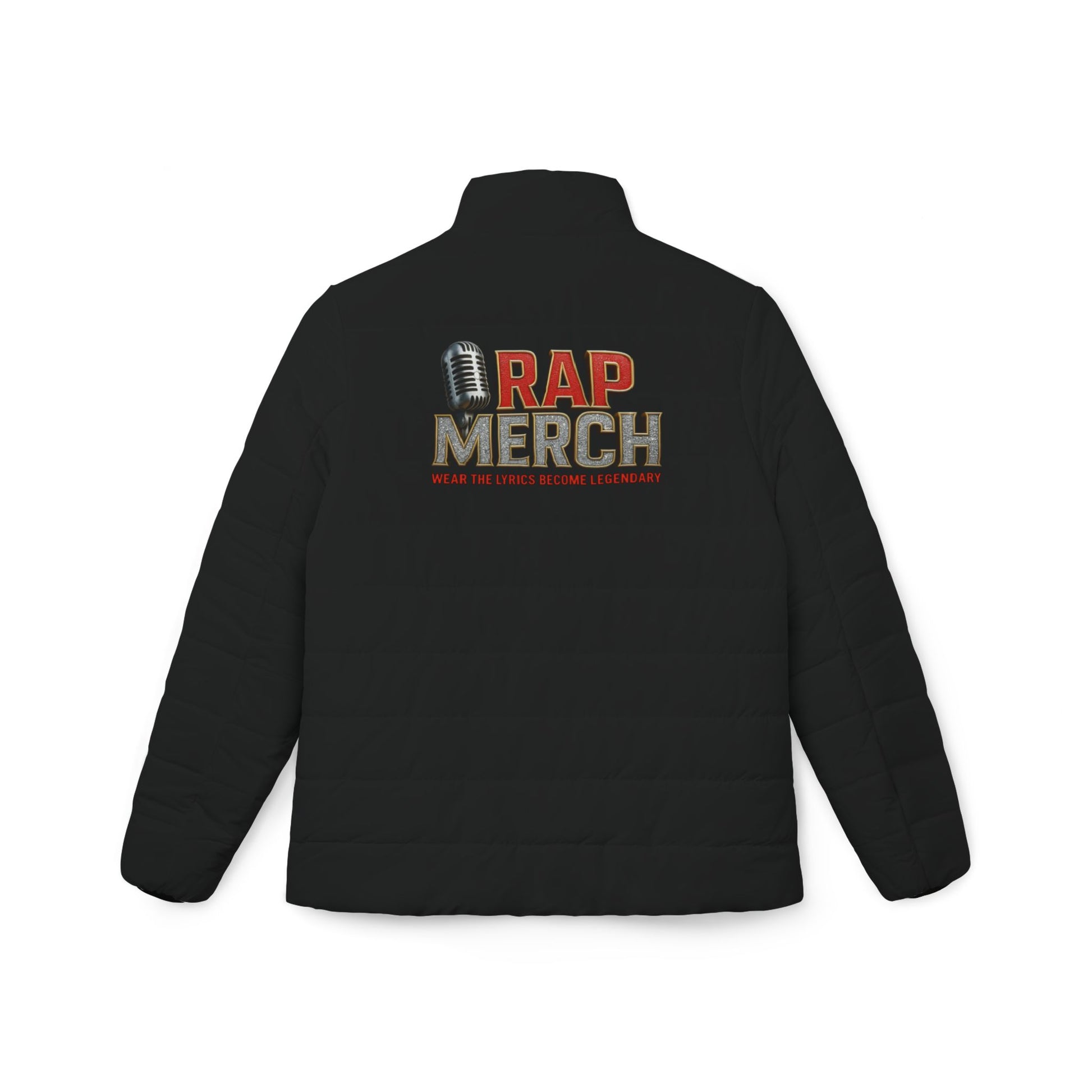 Black jacket with 'RAP MERCH' text on the back against a white background